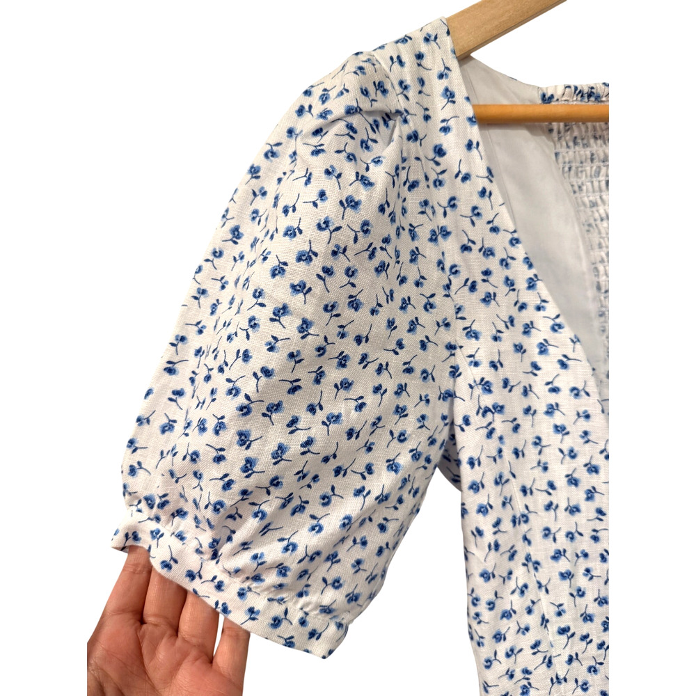 Reformation 6 Coucou 100% Linen Midi Dress Puff Sleeve Liberty Floral Blue White - Picture 7 of 16